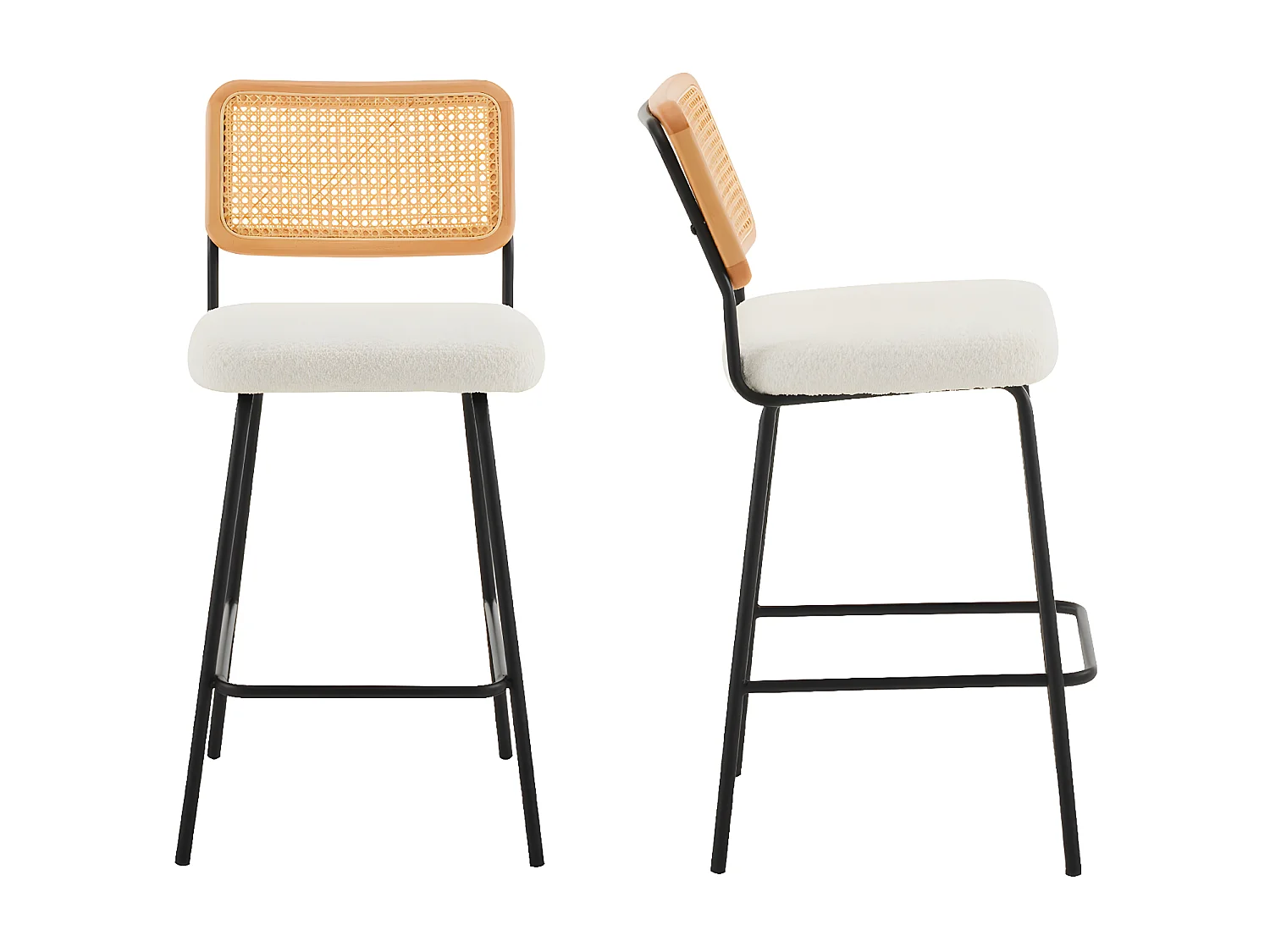 Lot de 2 chaises de bar en cannage et tissu bouclé beige, piètement noir - Muse