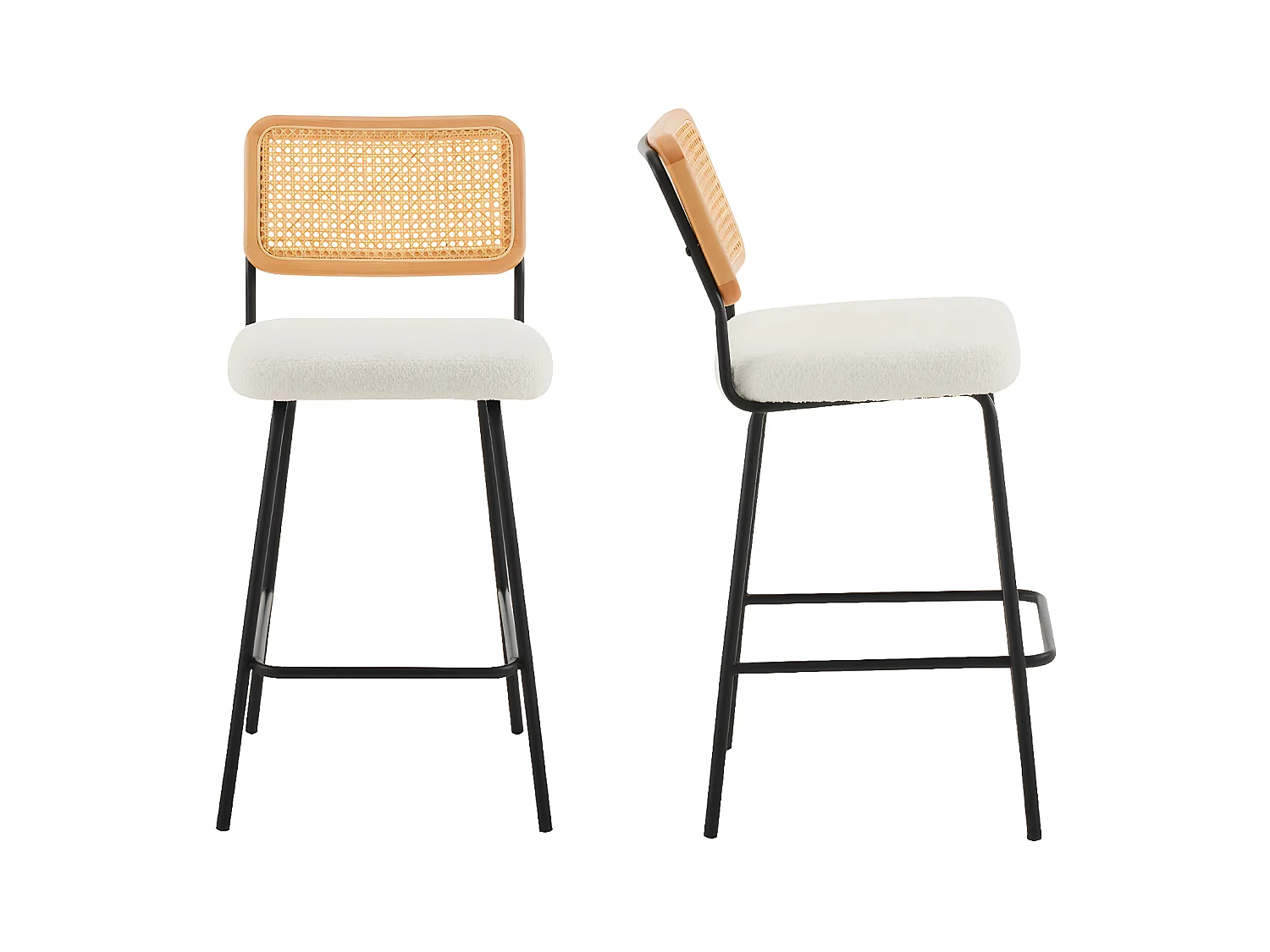 Lot de 2 chaises de bar en cannage et tissu bouclé beige, piètement noir - Muse