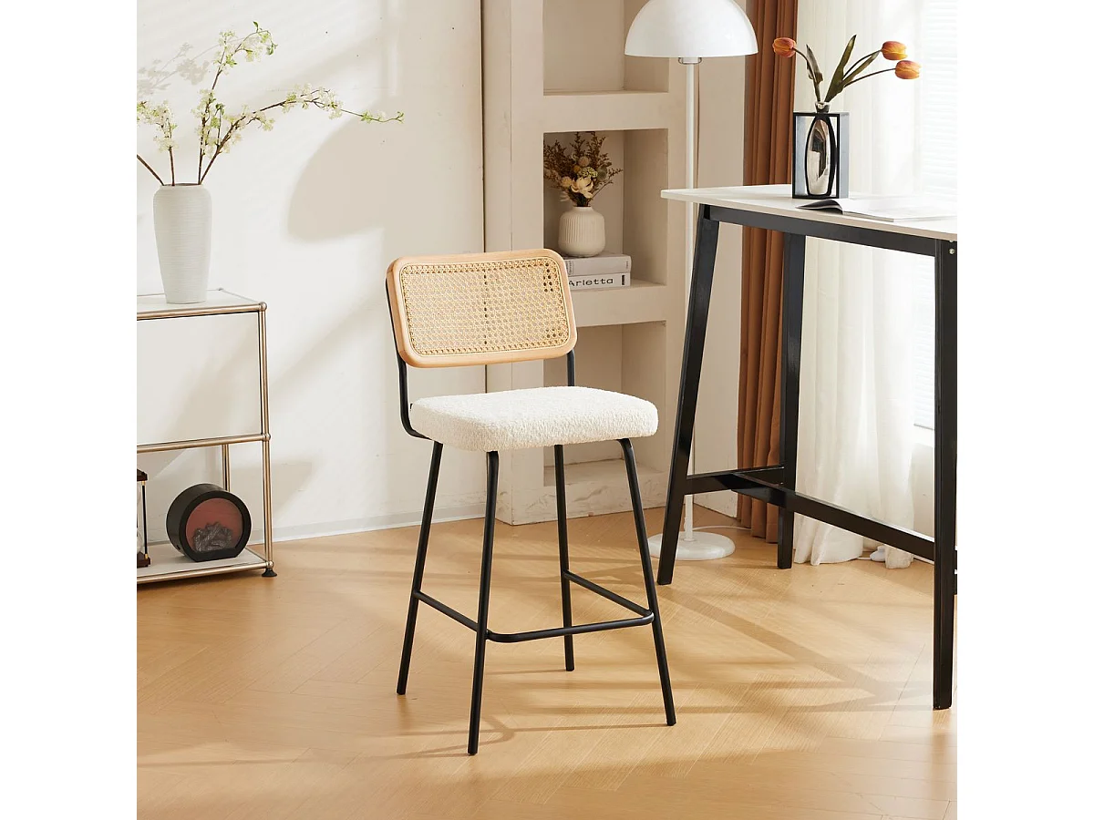 Lot de 2 chaises de bar en cannage et tissu bouclé beige, piètement noir - Muse