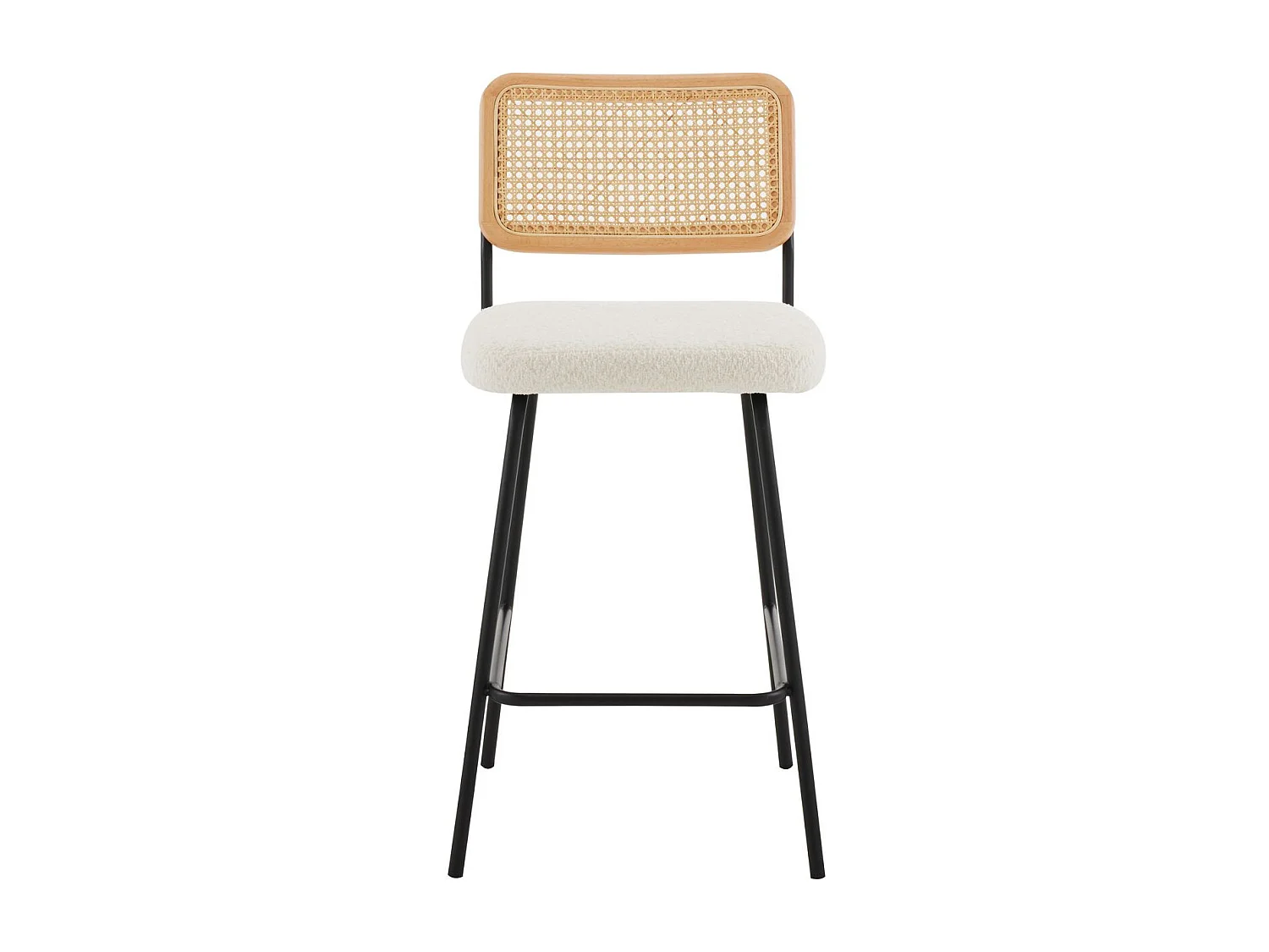 Lot de 2 chaises de bar en cannage et tissu bouclé beige, piètement noir - Muse