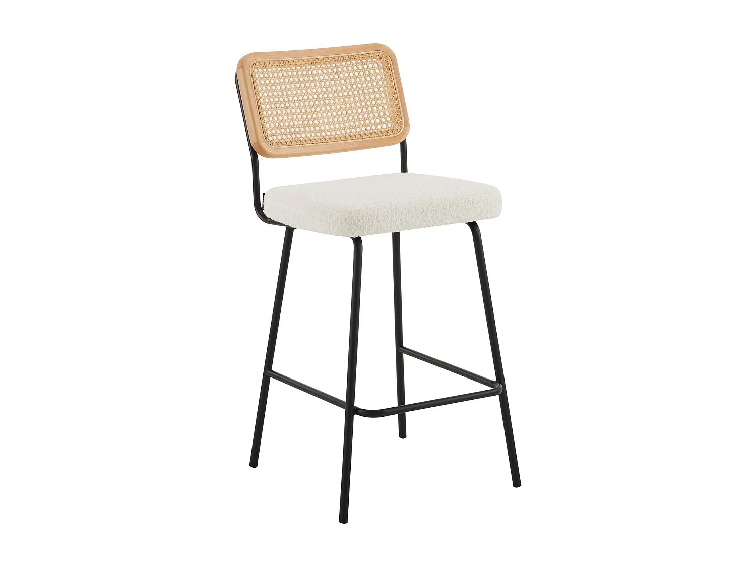 Lot de 2 chaises de bar en cannage et tissu bouclé beige, piètement noir - Muse