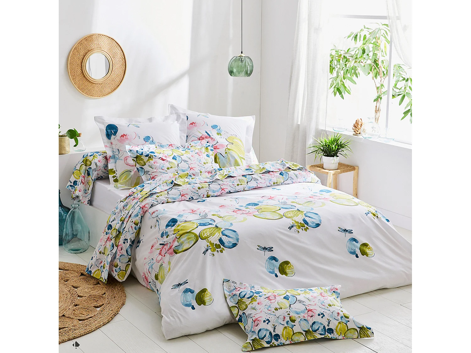 Parure de lit 260x240 cm 50x70 cm percale coton NENUPHAR aqua