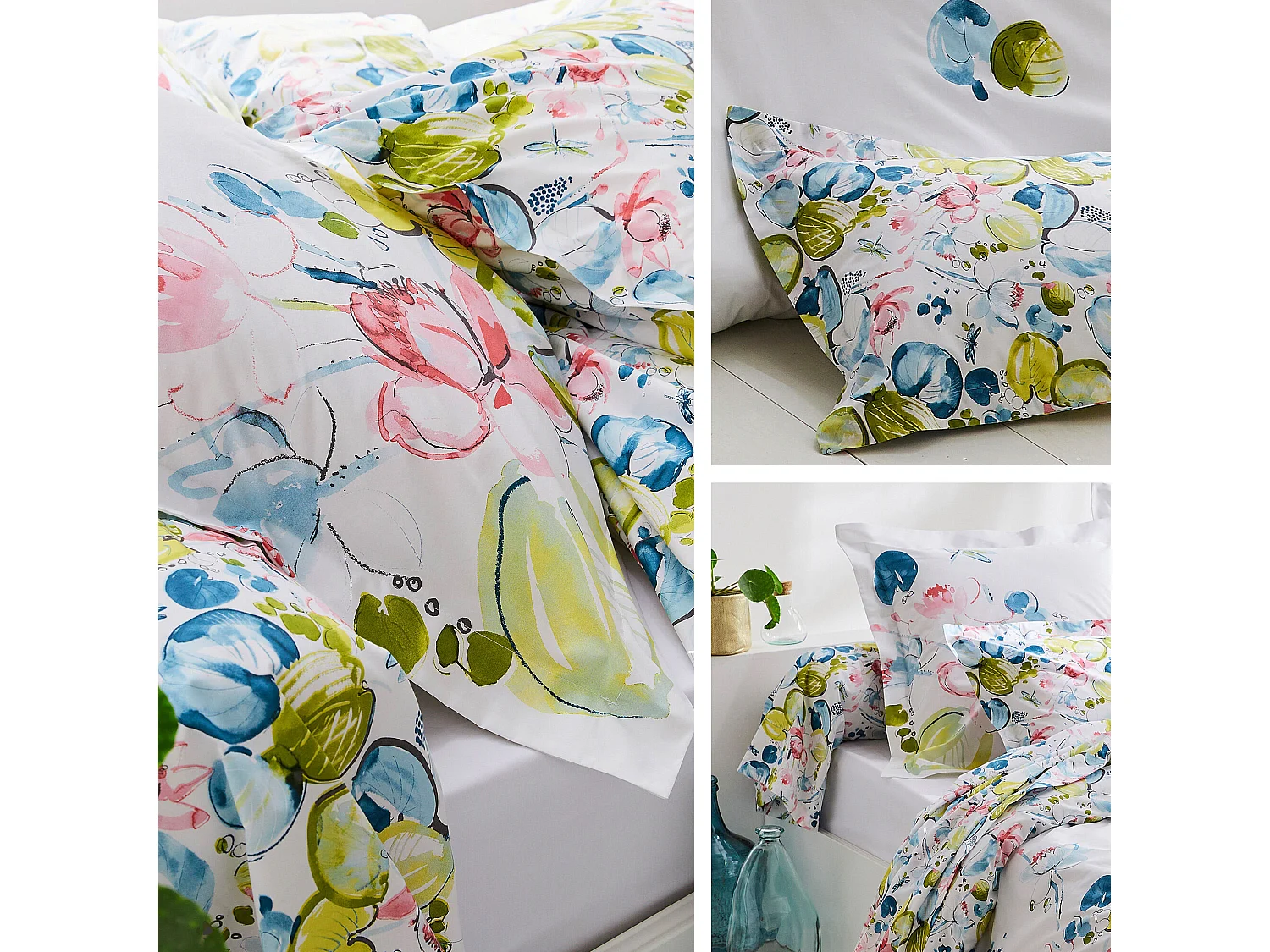 Parure de lit 260x240 cm 50x70 cm percale coton NENUPHAR aqua