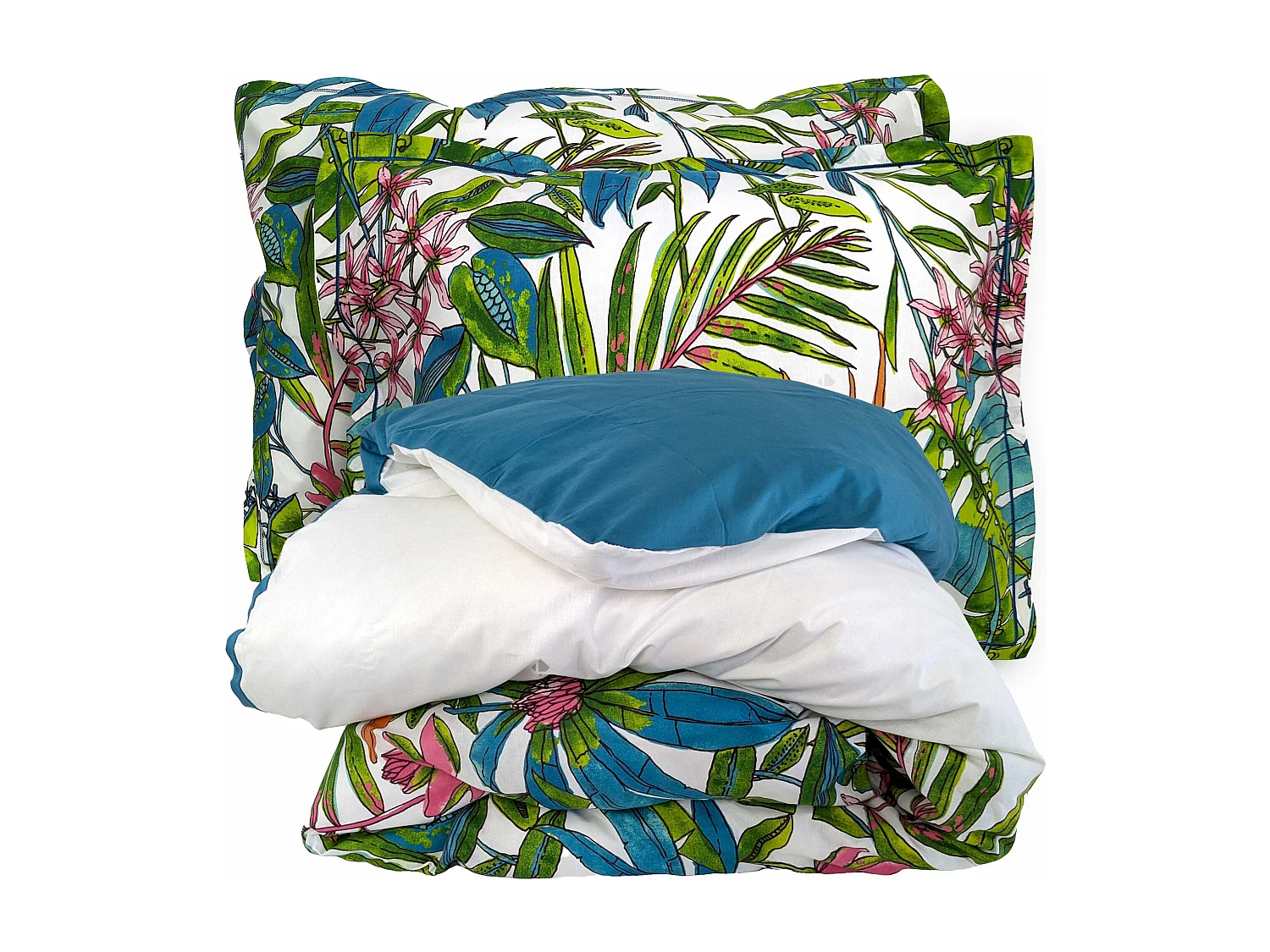 Parure de lit 300x240 cm 50x70 cm coton SUMATRA bleu Paon 3 pièces