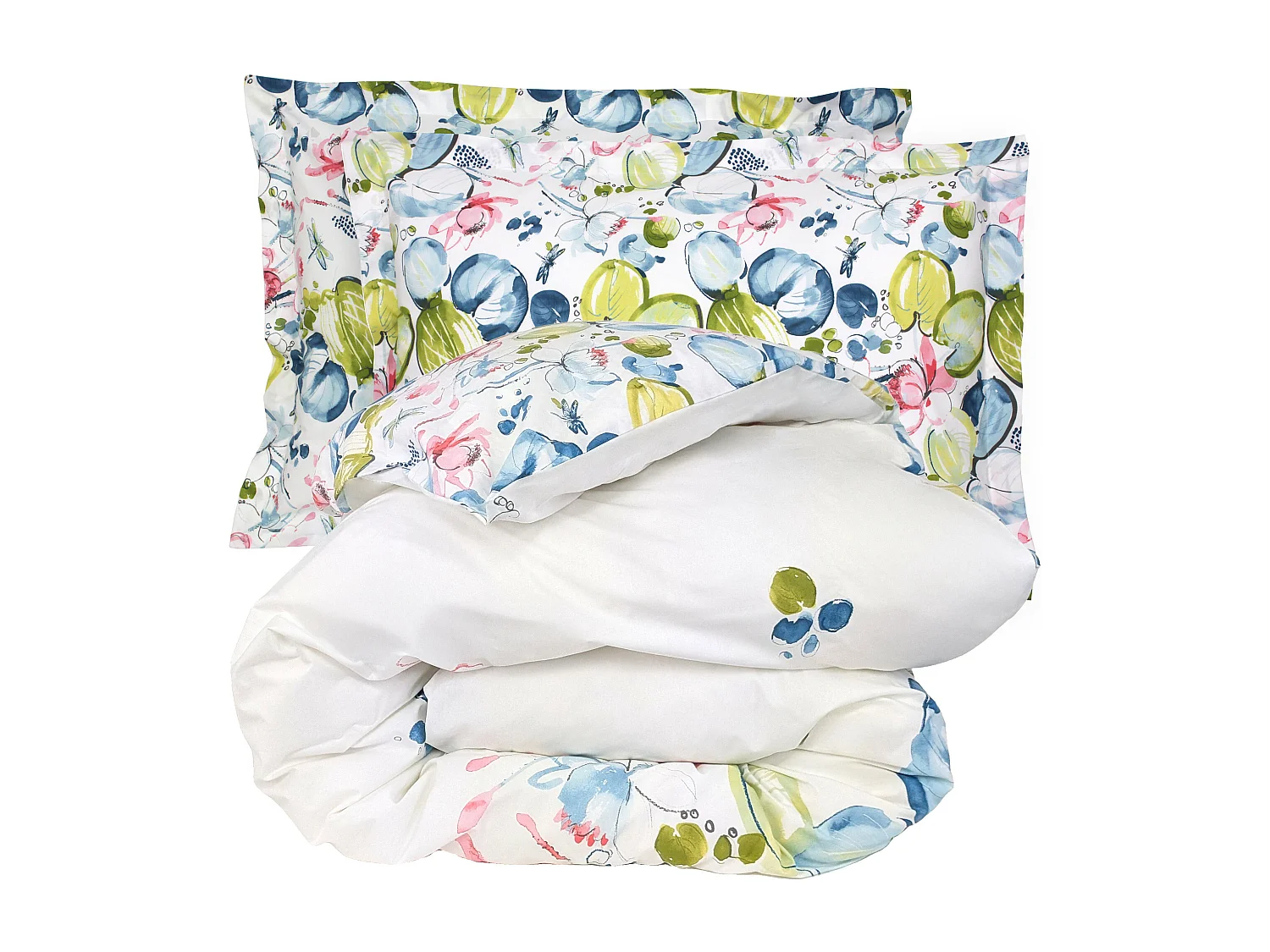 Parure de lit 300x240 cm 50x70 cm percale coton NENUPHAR aqua