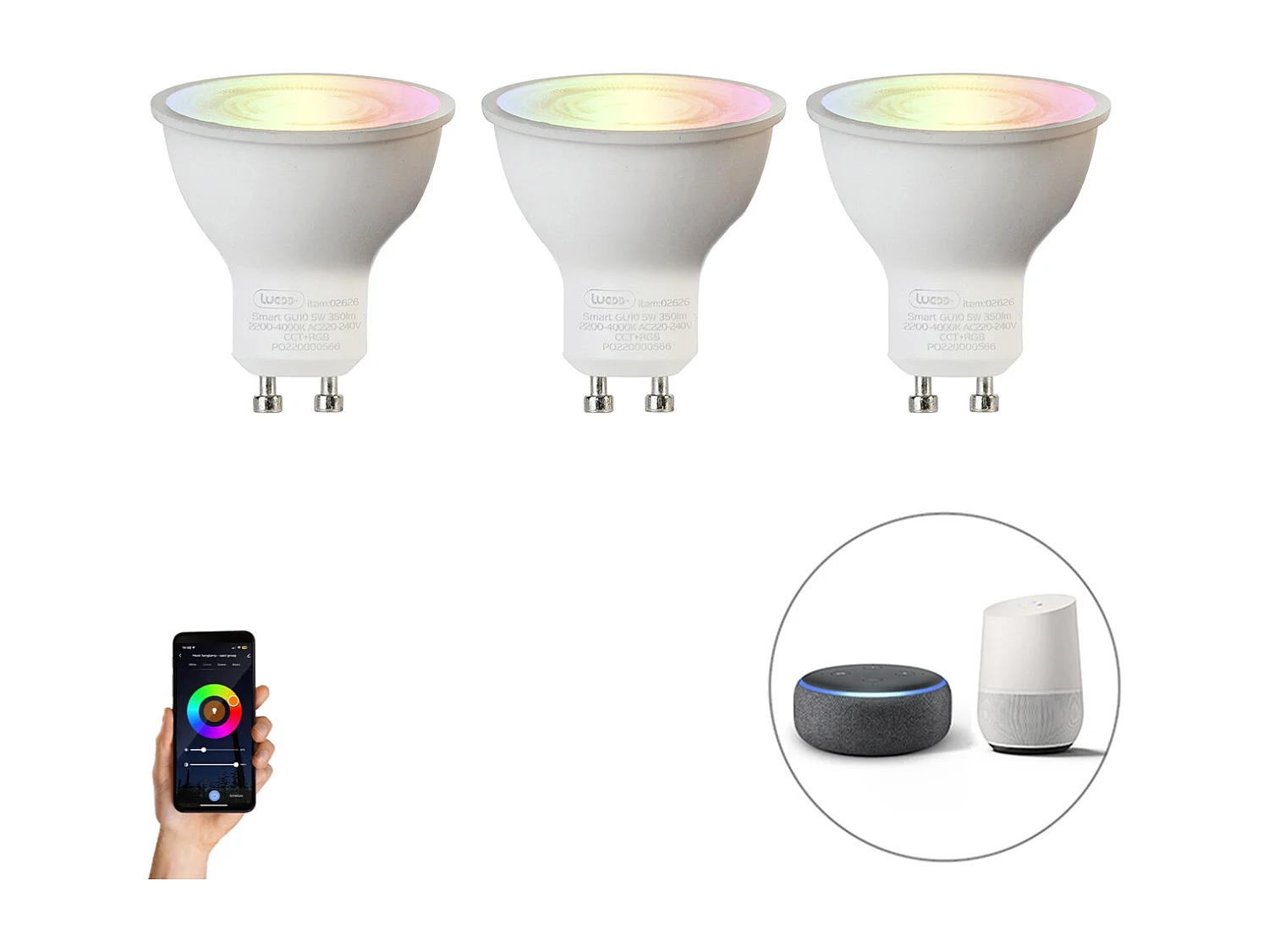 Lot de 3 ampoules LED GU10 RGBW intelligentes 5W 350 lm 2200-4000K