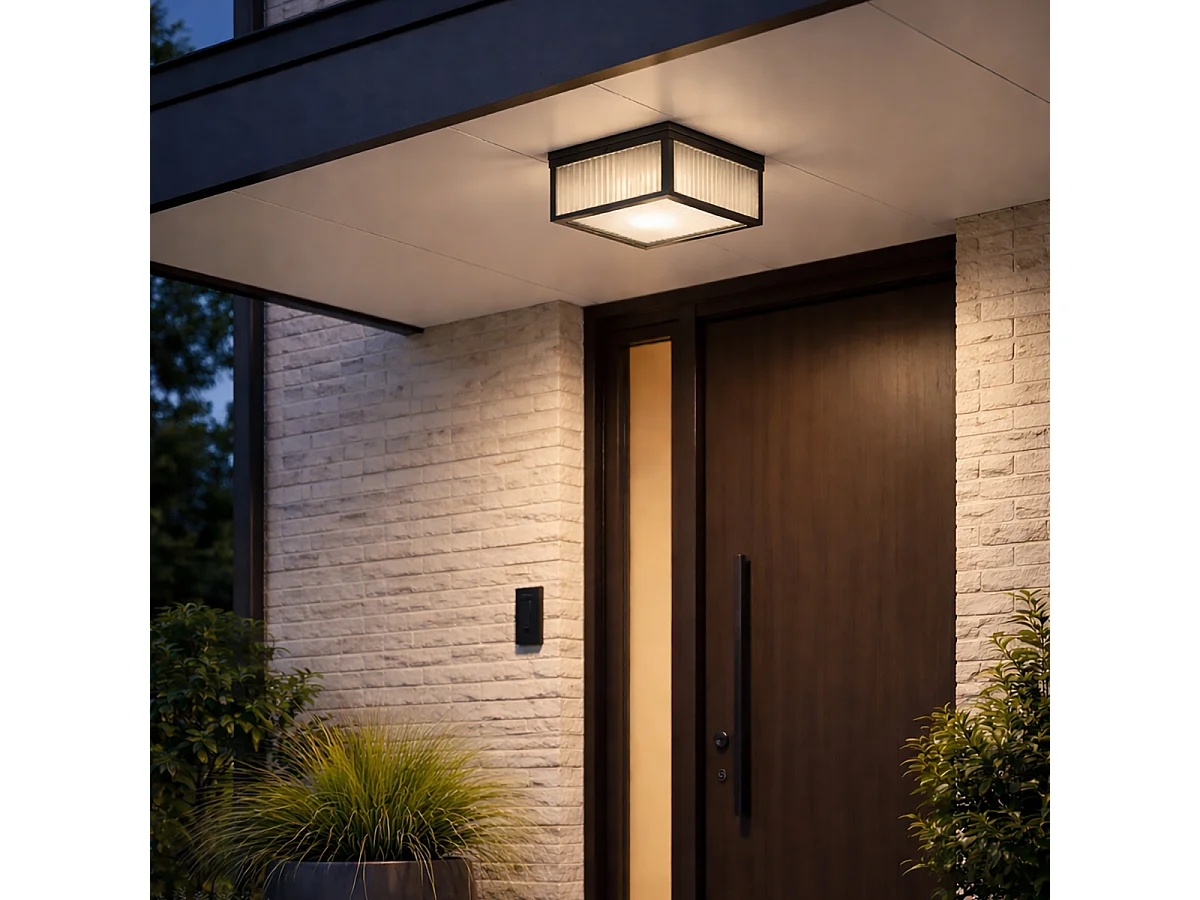 Plafonnier d'extérieur noir avec verre nervuré 2 lumières IP44 - Charlois