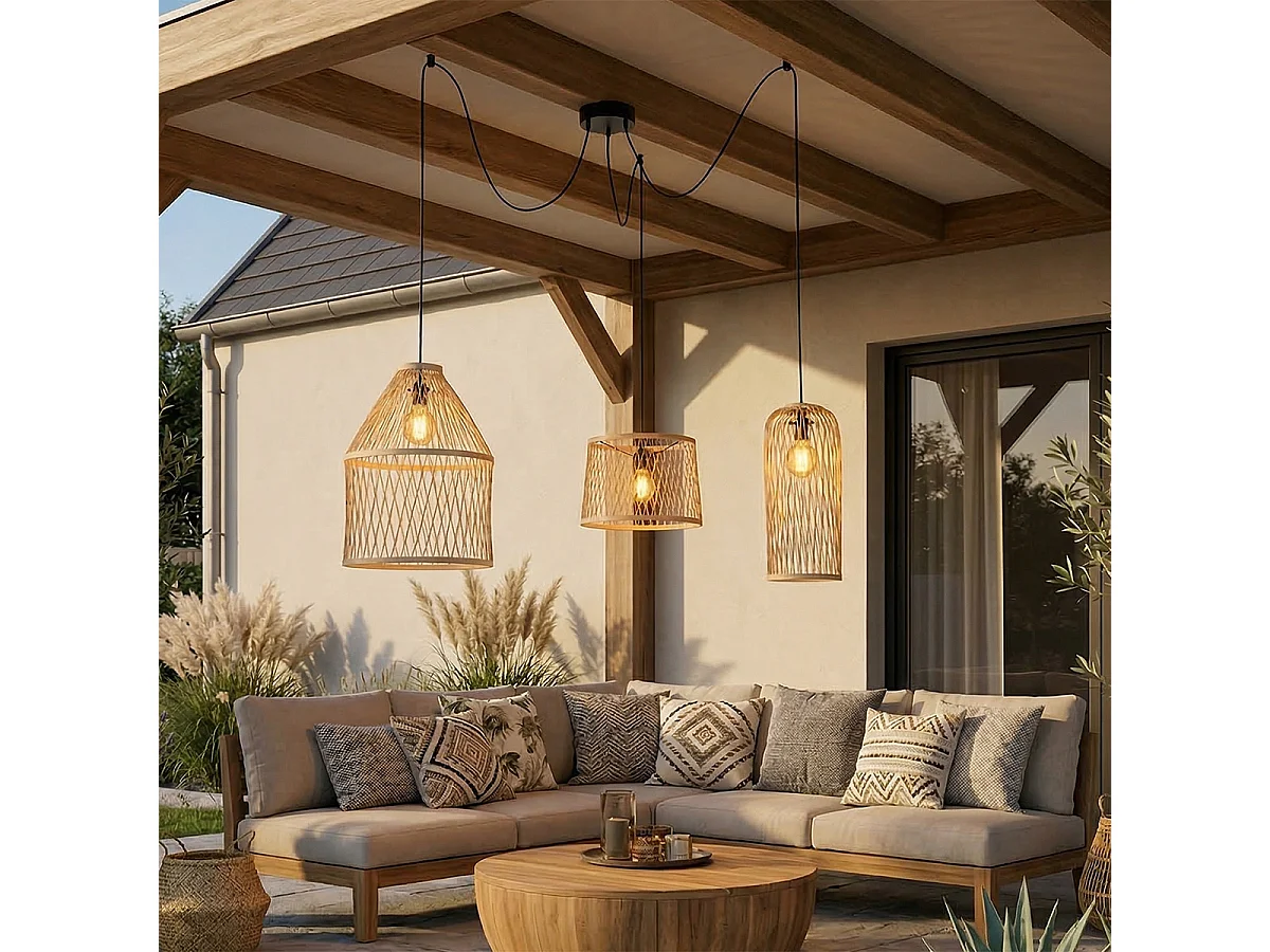 Suspension d'extérieur rustique en rotin 3 lumières - Calamus