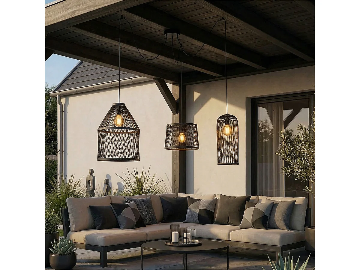 Suspension d'extérieur rustique en rotin noir 3 lumières - Calamus