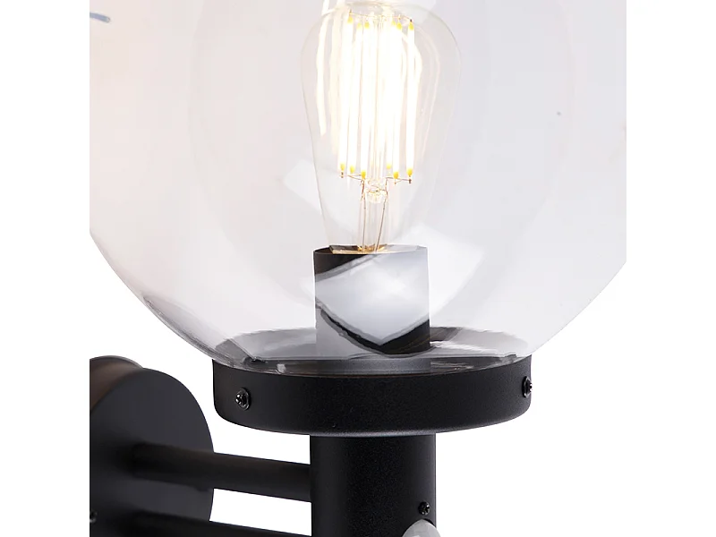 Applique d'extérieur noire avec verre transparent avec détecteur de mouvement - Sfera