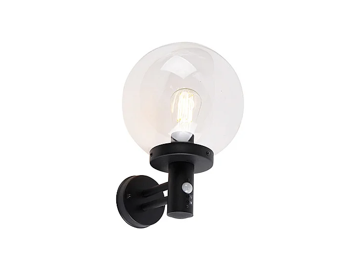 Applique d'extérieur noire avec verre transparent avec détecteur de mouvement - Sfera
