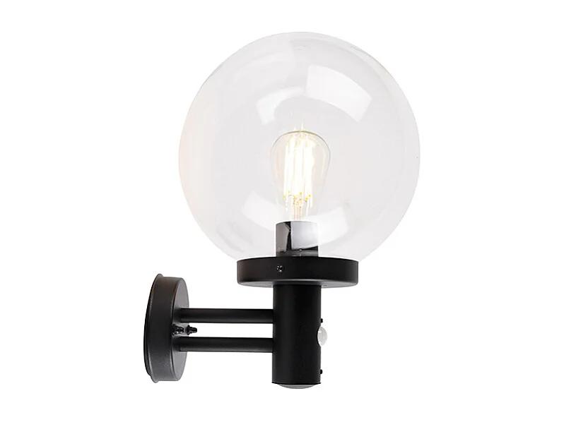 Applique murale d'extérieur noire avec verre transparent, détecteur de mouvement inclus - Sfera