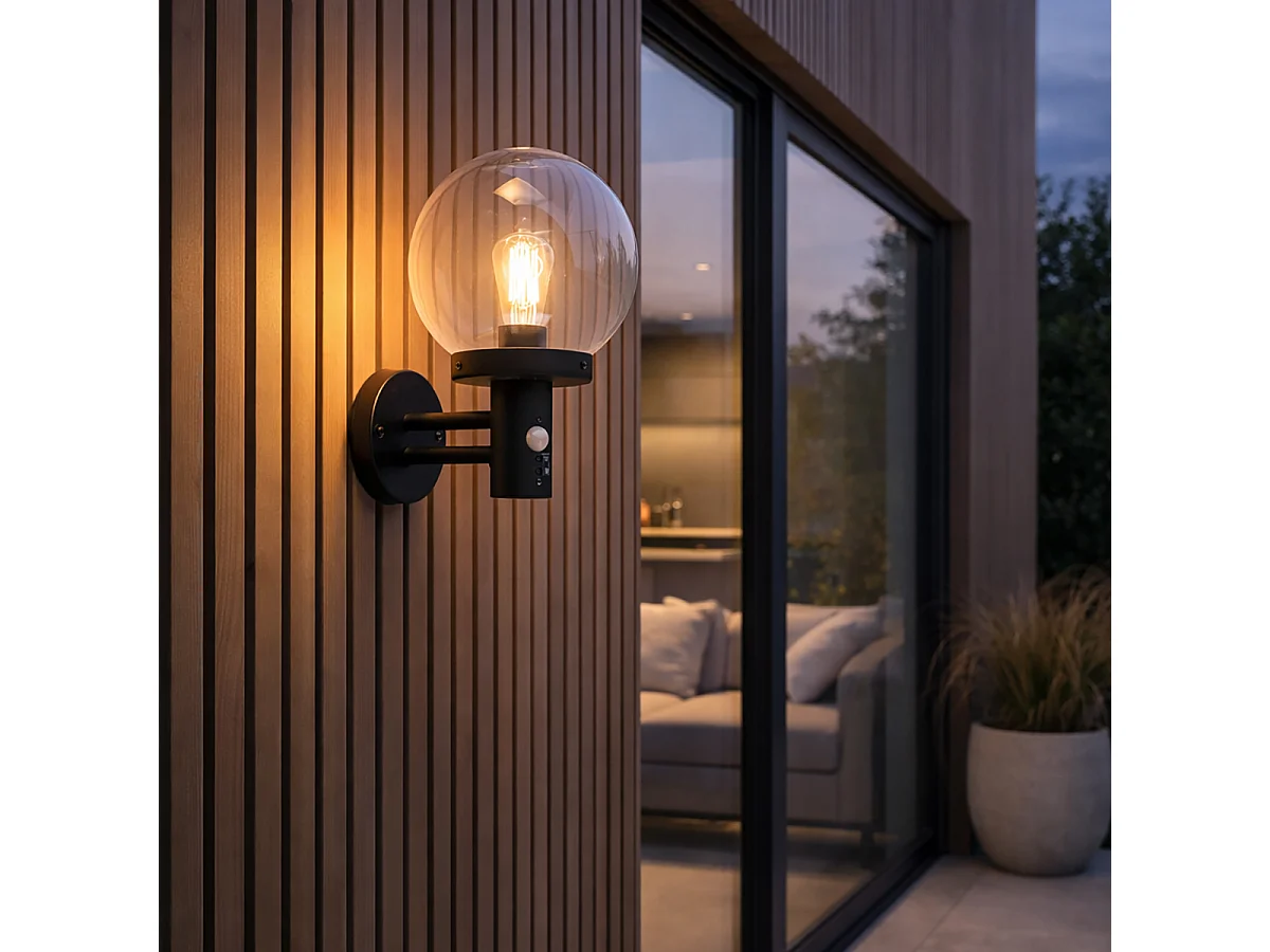 Applique murale d'extérieur noire avec verre transparent, détecteur de mouvement inclus - Sfera