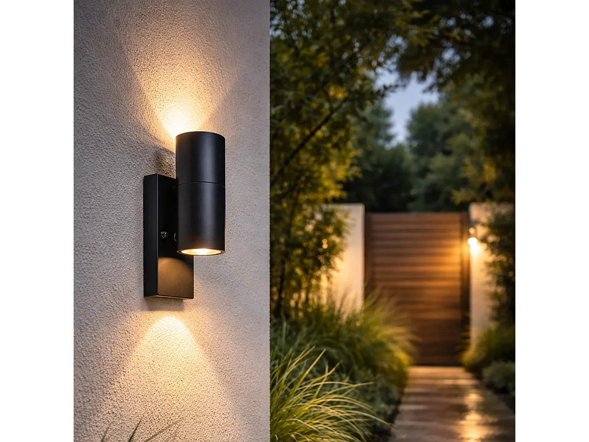 Applique murale d'extérieur noire 2 lumières IP44 avec capteur crépusculaire - Duo