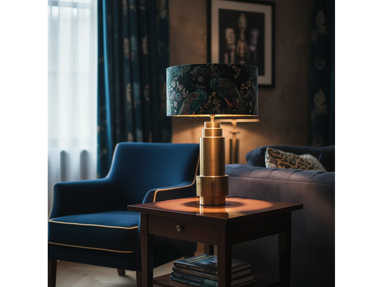 Abat-jour en velours vert paon 50/50/25 intérieur doré