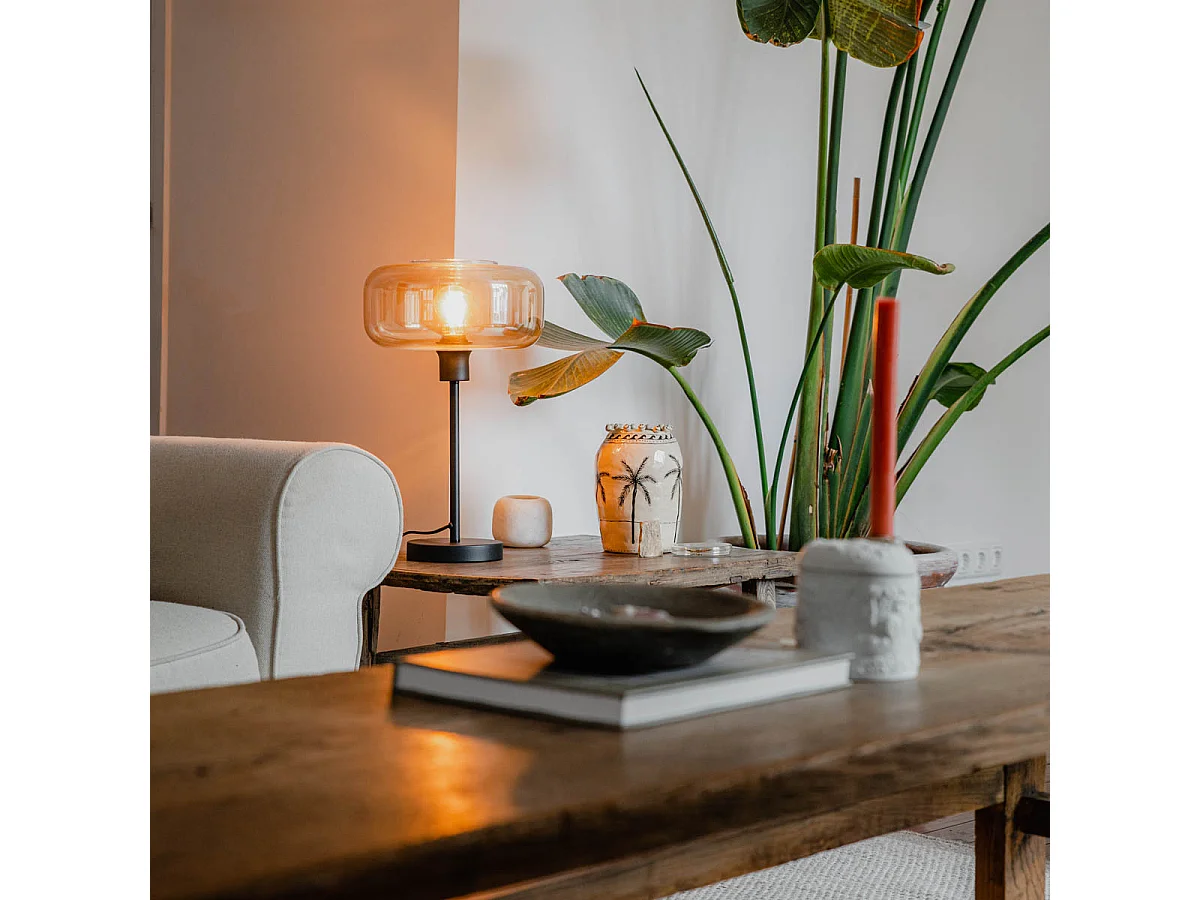 Lampe de table art déco noire avec verre ambré - Bizle