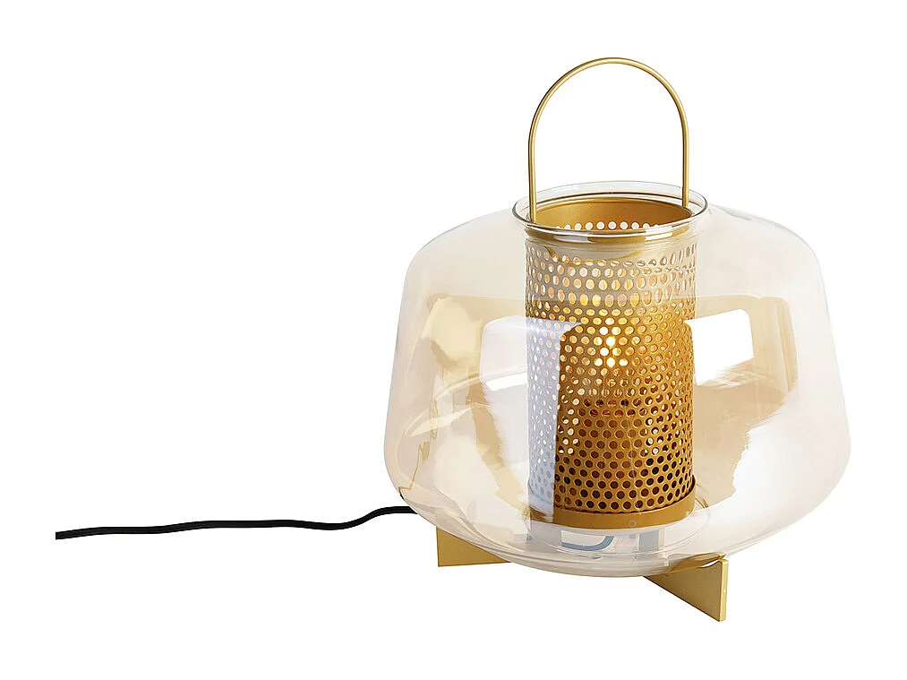 Lampe de table Art déco dorée avec verre ambre 30 cm - Kevin