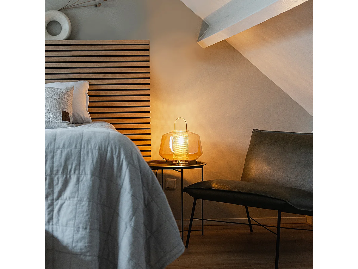 Lampe de table Art déco dorée avec verre ambre 30 cm - Kevin