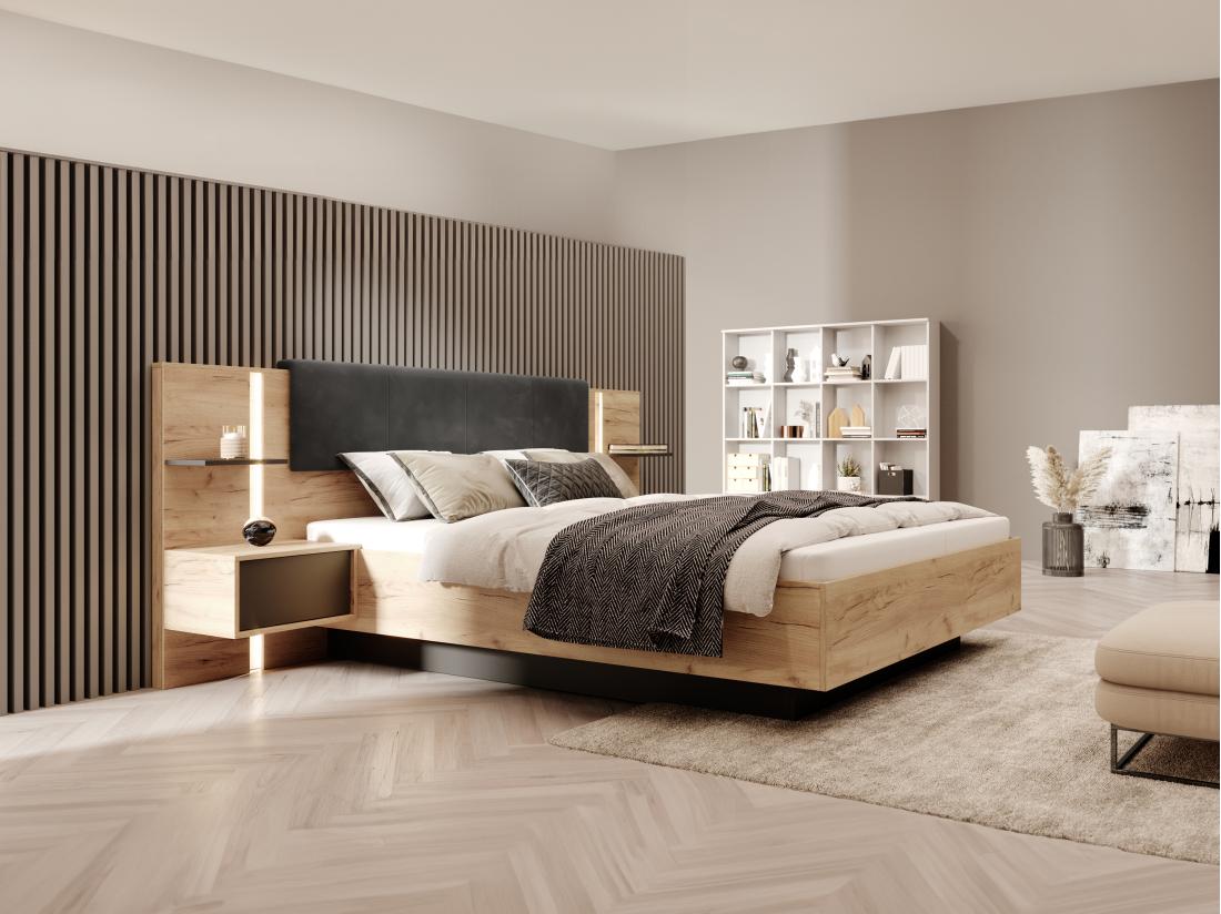 vente unique Lit coffre avec chevets 140 x 190 cm - Avec LEDs - Coloris : Naturel et anthracite - ELYNIA