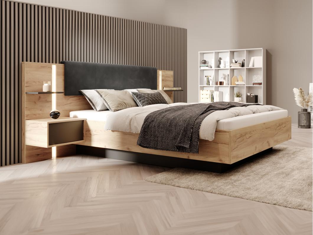 Letto con contenitore con comodini 140 x 190 cm Con LED  Naturale e Antracite  - ELYNIA