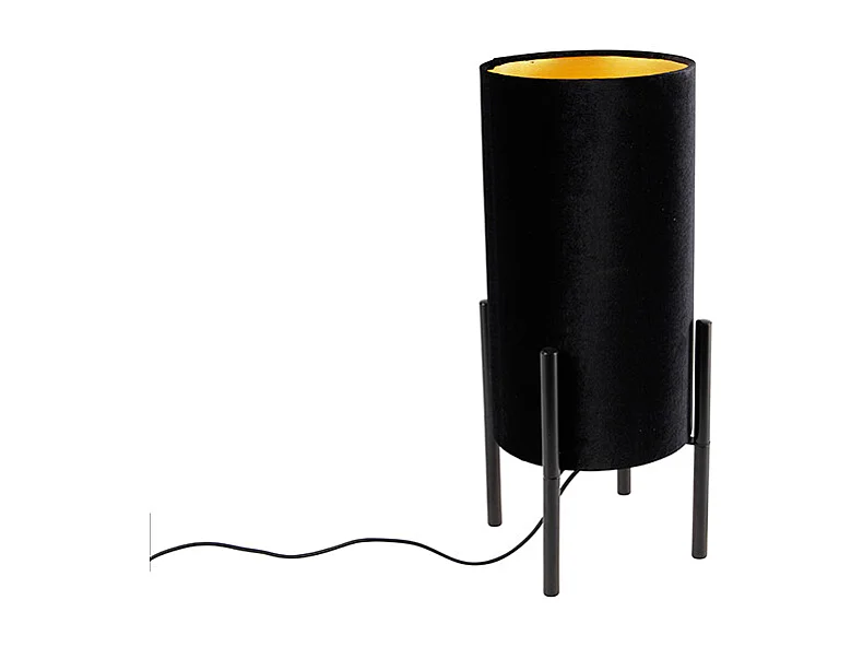 Lampe de table design abat-jour en velours noir noir avec or - Rich