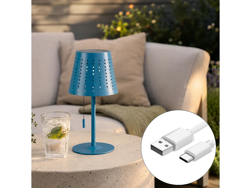 Lampe de table d'extérieur bleue avec LED rechargeable et solaire - Ferre