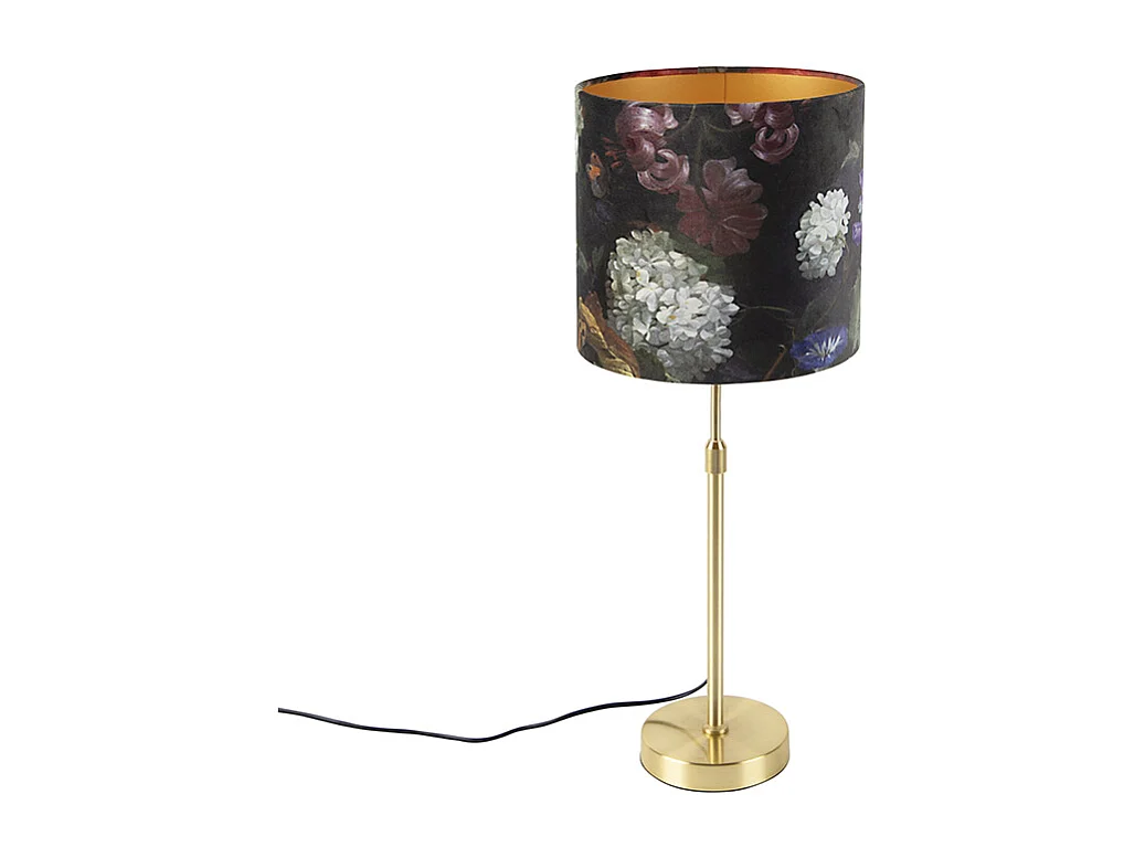 Lampe de table or/laiton avec abat-jour en velours à fleurs 25 cm - Parte