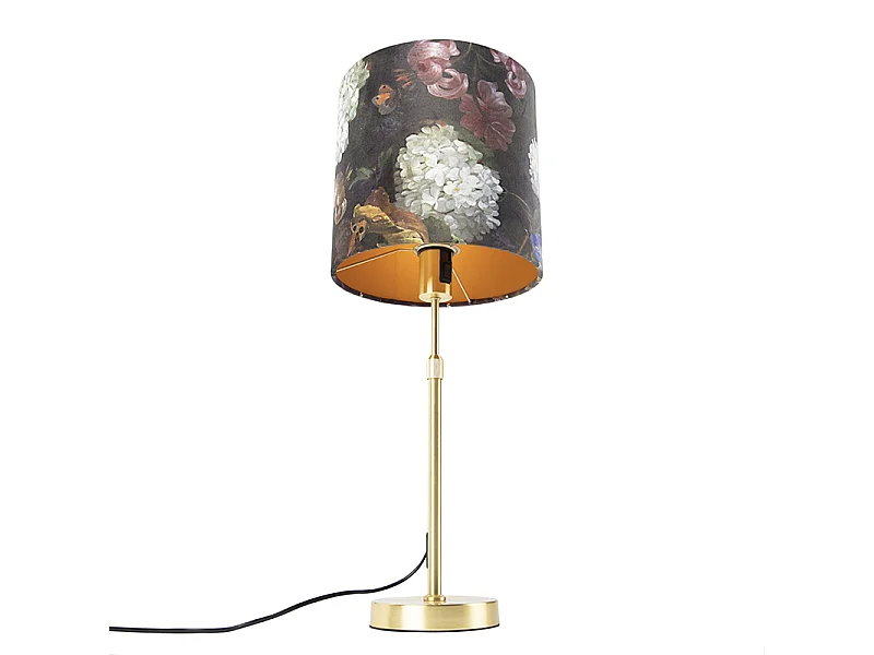 Lampe de table or/laiton avec abat-jour en velours à fleurs 25 cm - Parte