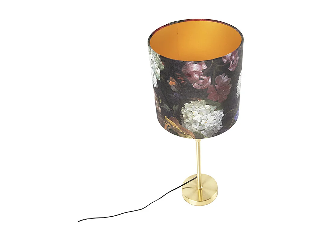 Lampe de table or/laiton avec abat-jour en velours à fleurs 25 cm - Parte