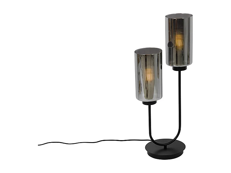 Lampe de table Art Déco noire avec verre fumé 2 lumières - Laura