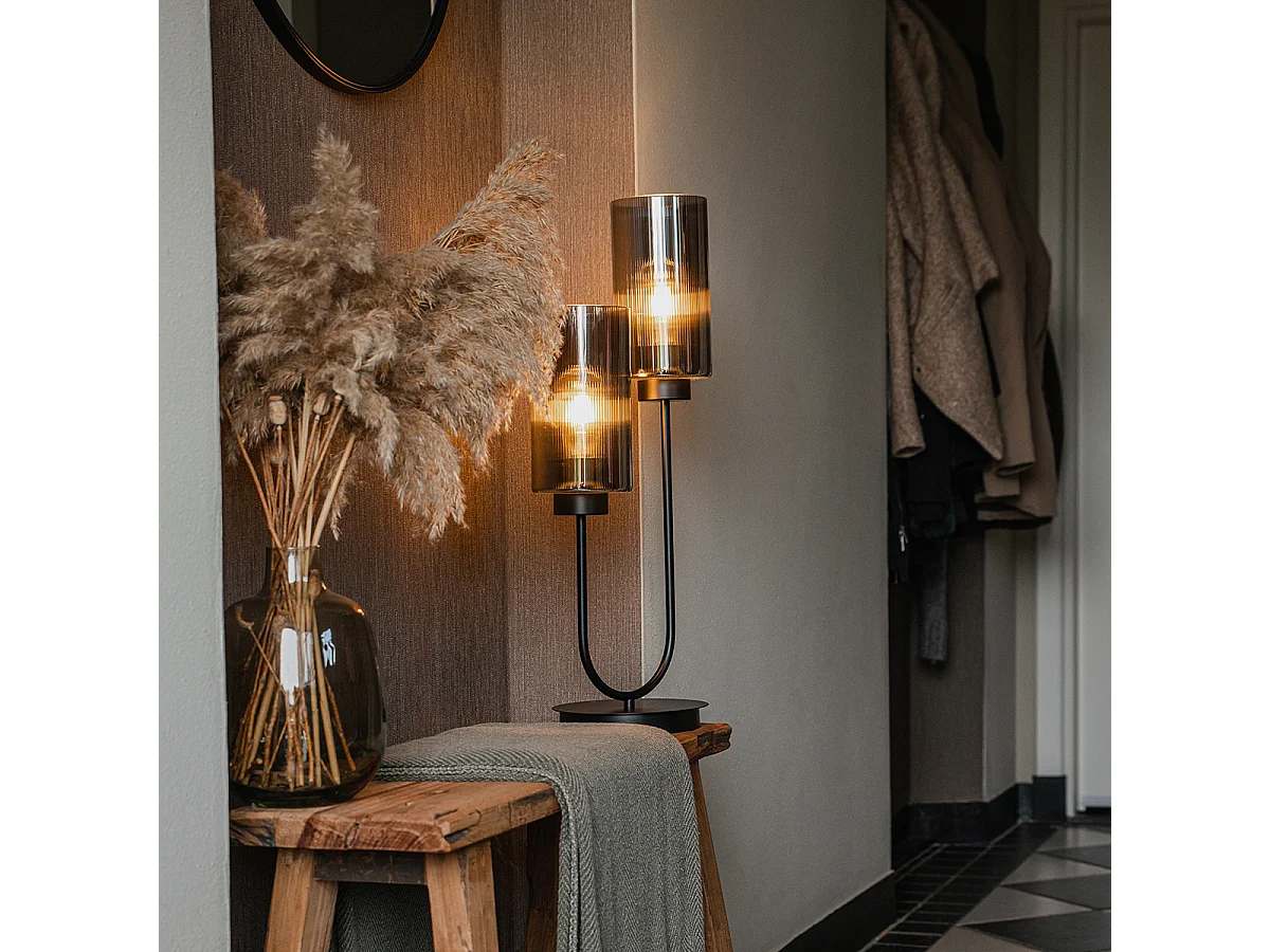 Lampe de table Art déco noire avec verre fumé 2 lumières - Laura