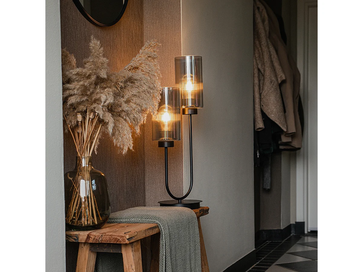 Lampe de table Art déco noire avec verre fumé 2 lumières - Laura