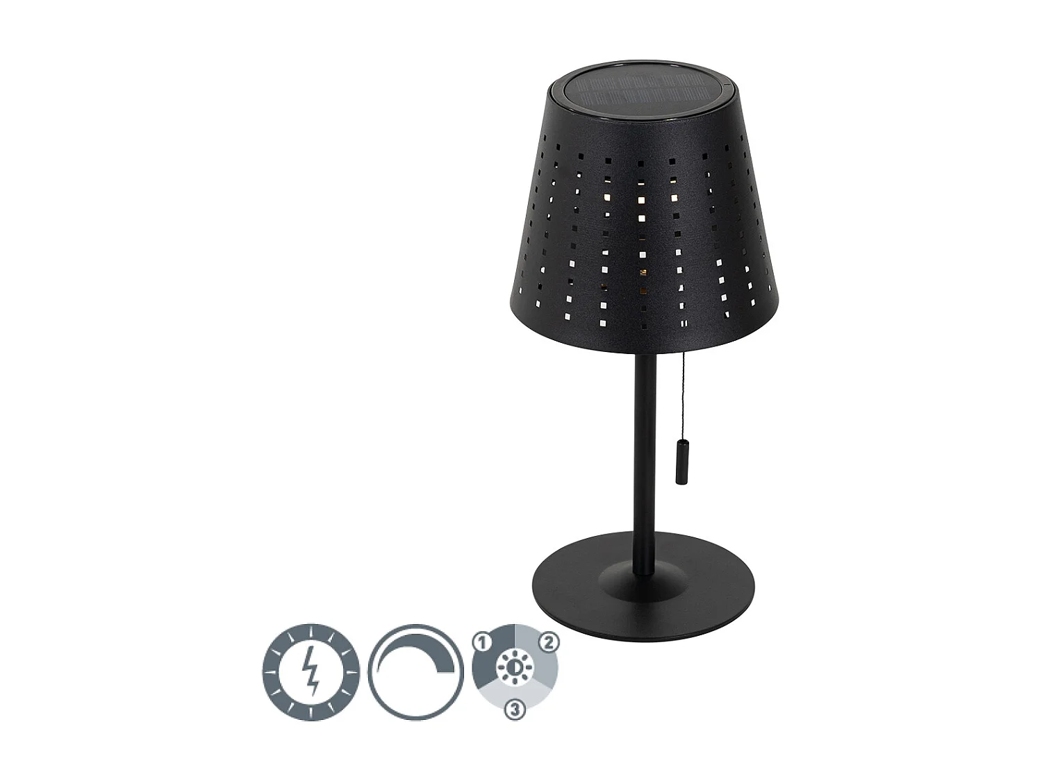 Lampe de table d'extérieur noire avec LED intégrée, 3 niveaux de luminosité, rechargeable et solaire - Ferre