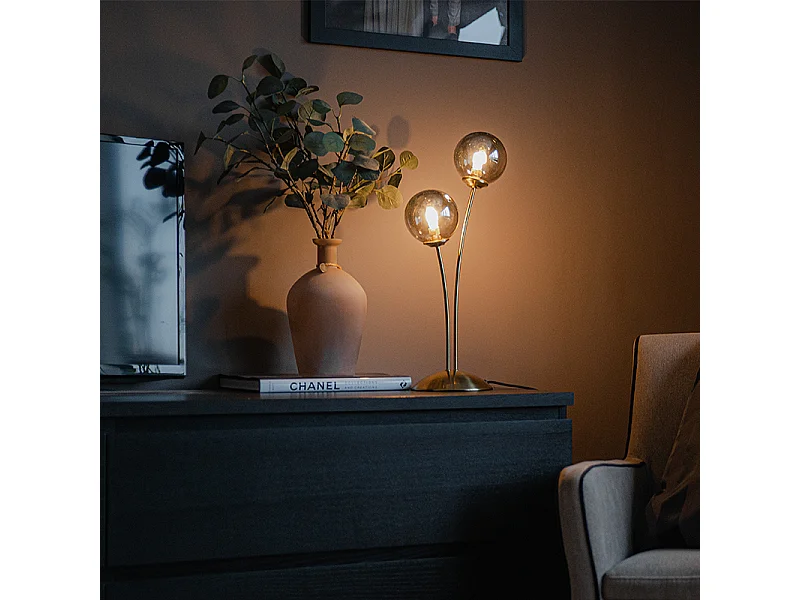 Lampe de table moderne dorée à 2 lumières avec verre fumé - Athènes