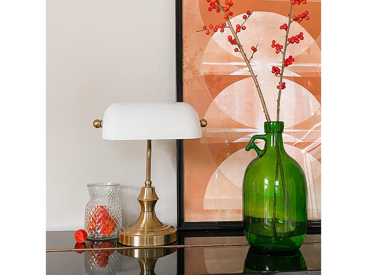 Lampe de notaire classique dorée avec verre opale - Banker