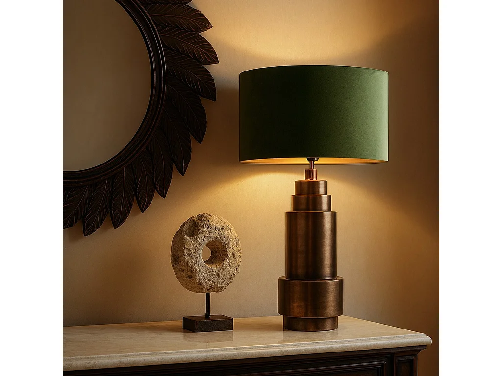 Lampe de table Art déco en bronze avec abat-jour en velours vert et or 50 cm - Bruut