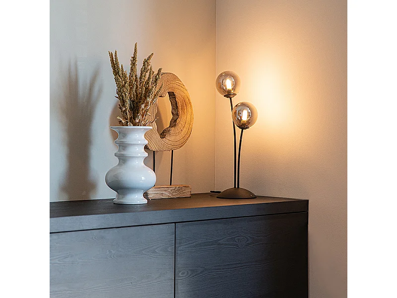 Lampe de table moderne noire 2 lumières avec verre fumé - Athènes