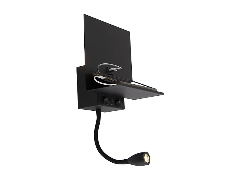 Applique murale moderne noire 2 lumières avec USB et bras flexible - Flero