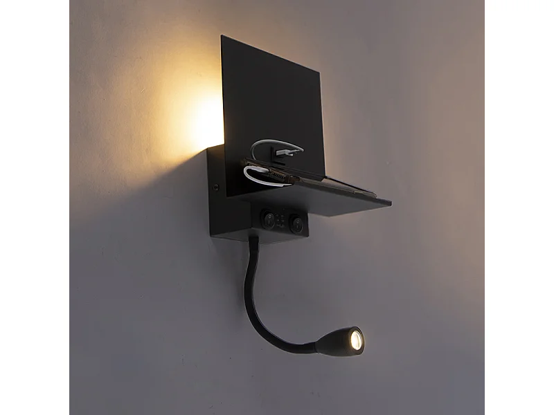 Applique murale moderne noire 2 lumières avec USB et bras flexible - Flero