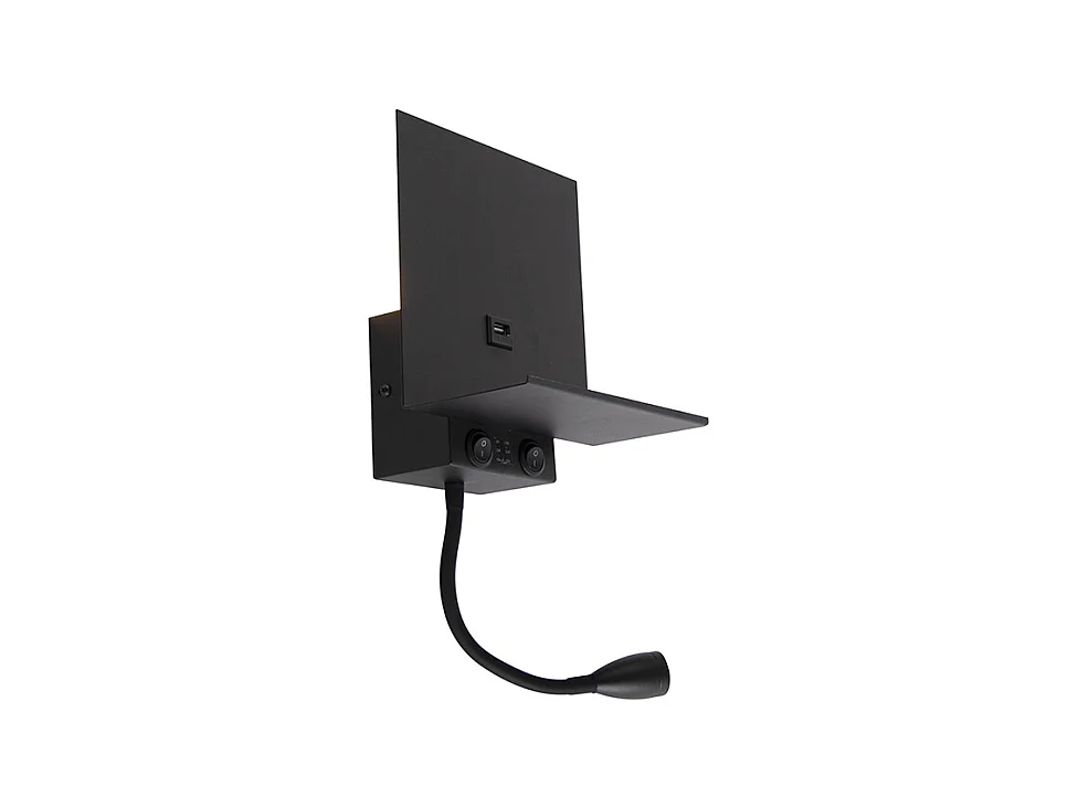 Applique murale moderne noire 2 lumières avec USB et bras flexible - Flero