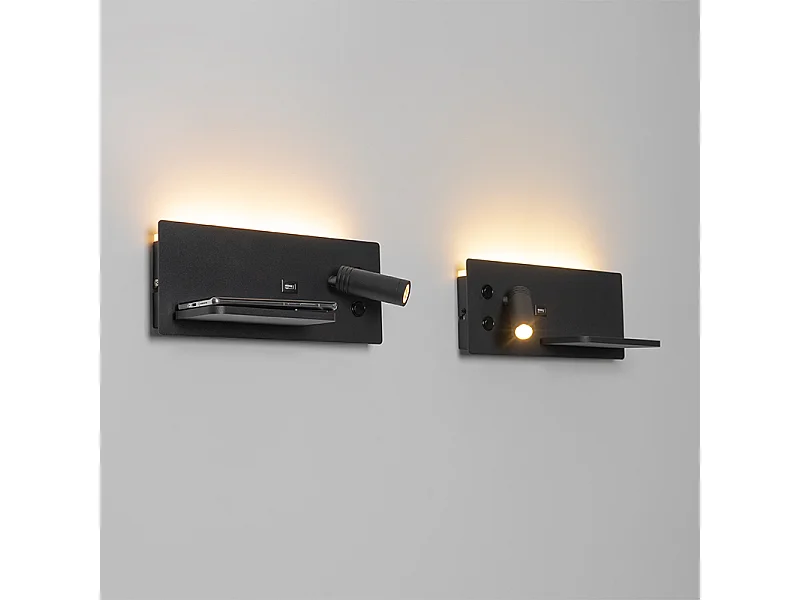 Ensemble de 2 appliques murales noires avec LED, port USB et chargeur à induction - Riza