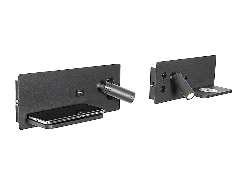 Ensemble de 2 appliques murales noires avec LED, port USB et chargeur à induction - Riza