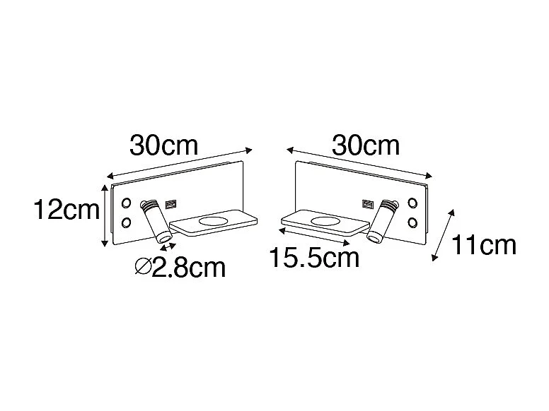Ensemble de 2 appliques murales noires avec LED, port USB et chargeur à induction - Riza