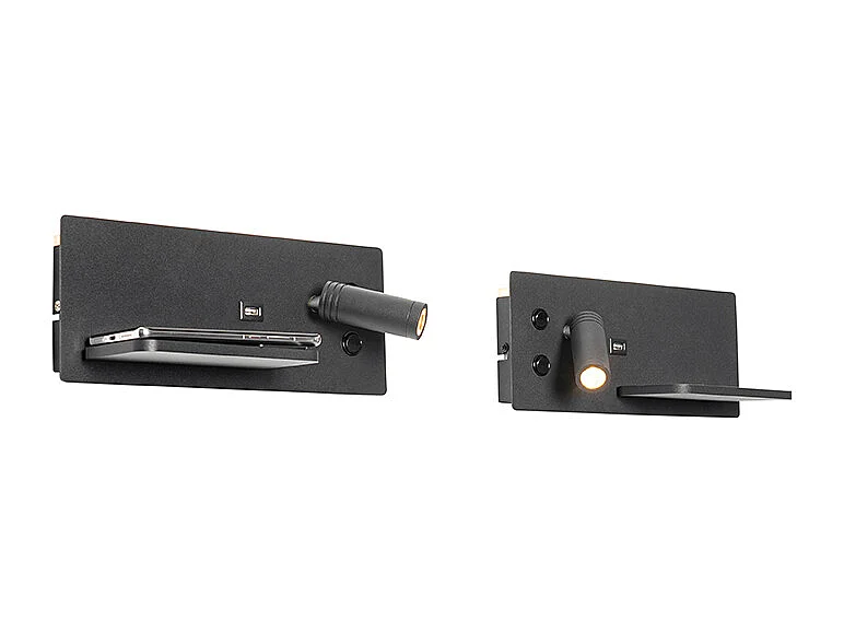 Ensemble de 2 appliques murales noires avec LED, port USB et chargeur à induction - Riza
