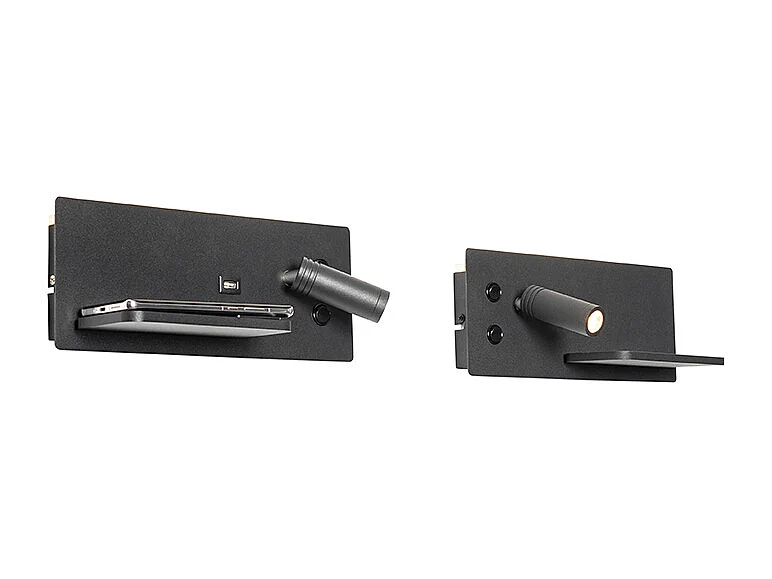 Ensemble de 2 appliques murales noires avec LED, port USB et chargeur à induction - Riza