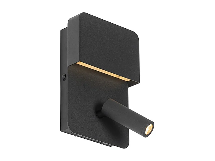 Applique murale moderne noire avec LED avec USB et lampe de lecture - Robin