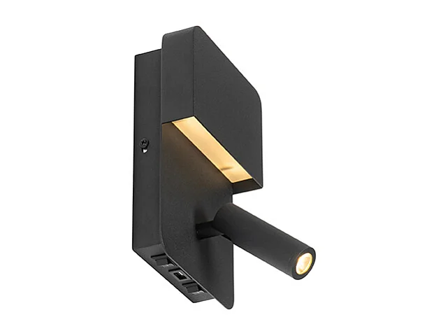Applique murale noire avec LED, USB et liseuse avec interrupteur - Robin