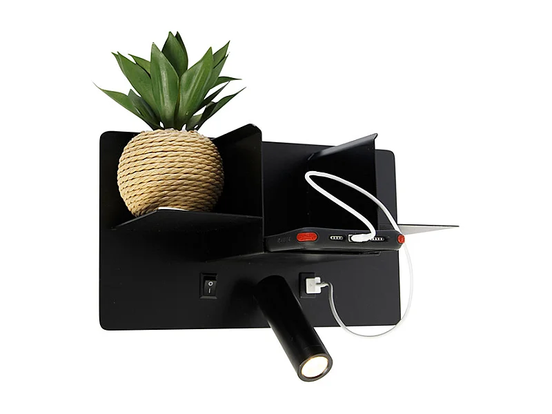 Applique murale moderne noire avec LED avec USB - Thijs