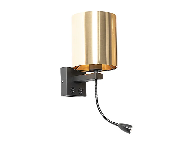 Applique noire avec bras flexible et abat-jour doré 15 cm - Brescia