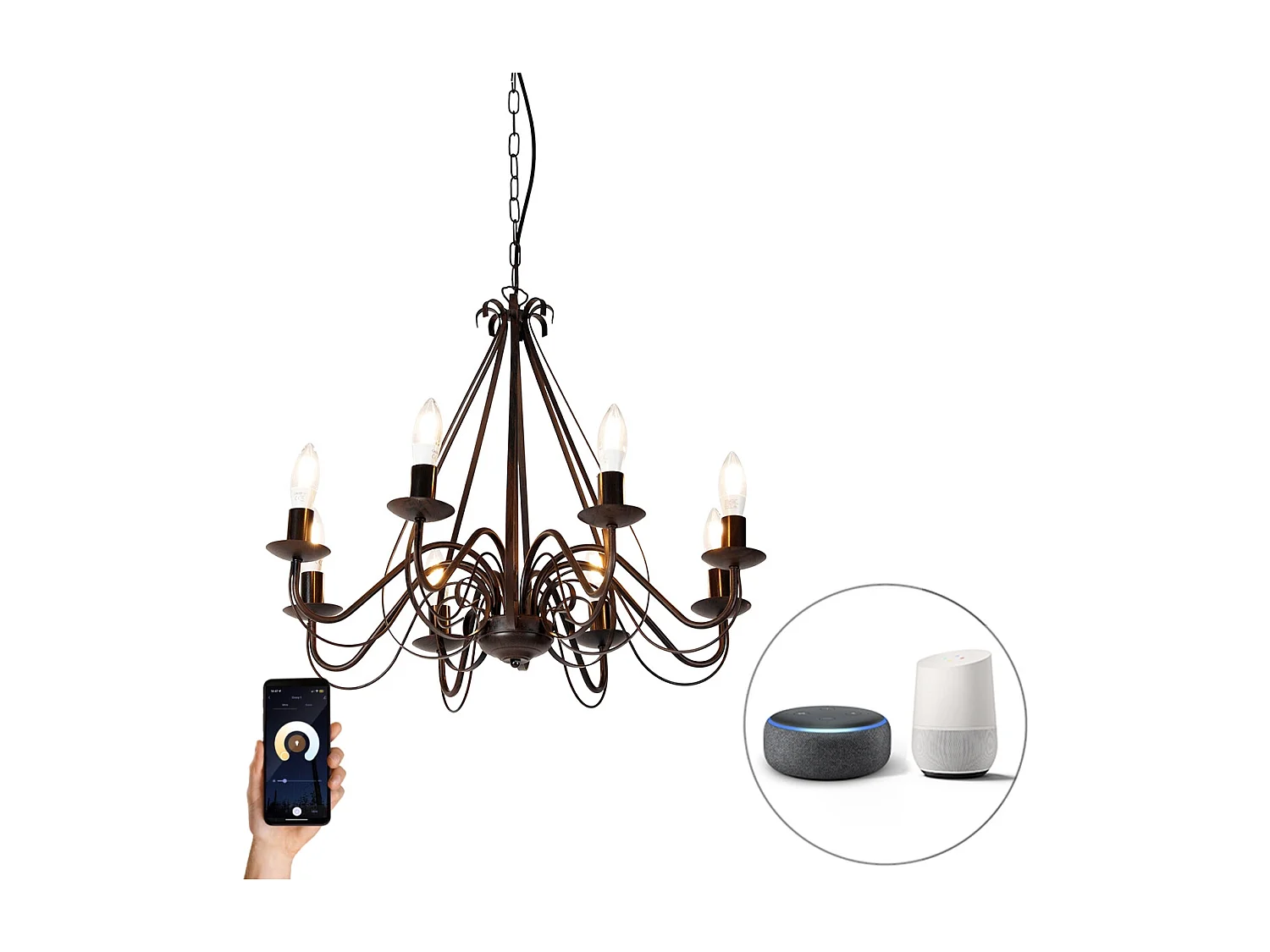 Lustre intelligent brun rouille 8 lumières avec Wifi B35 - Giuseppe